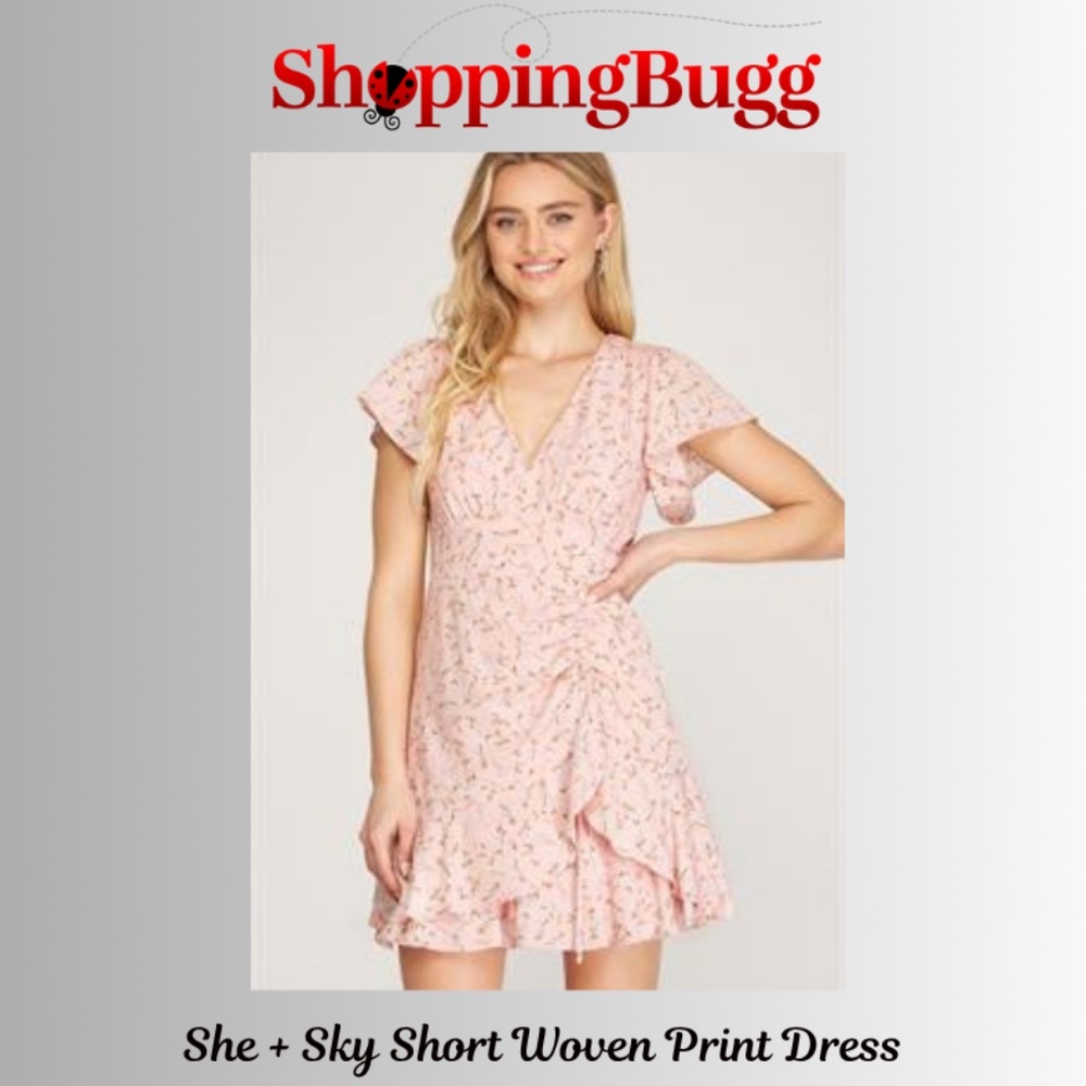 She + Sky Flare Sleeve Ruched Skirt Dress in Rose ~ NWT! (SB1374)